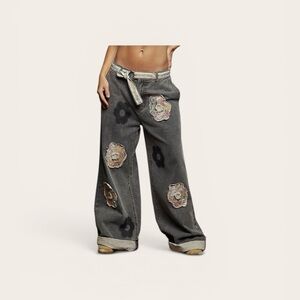 POL Floral Patchwork Wide Leg Denim Jeans Boho Cottagecore Festival NWT